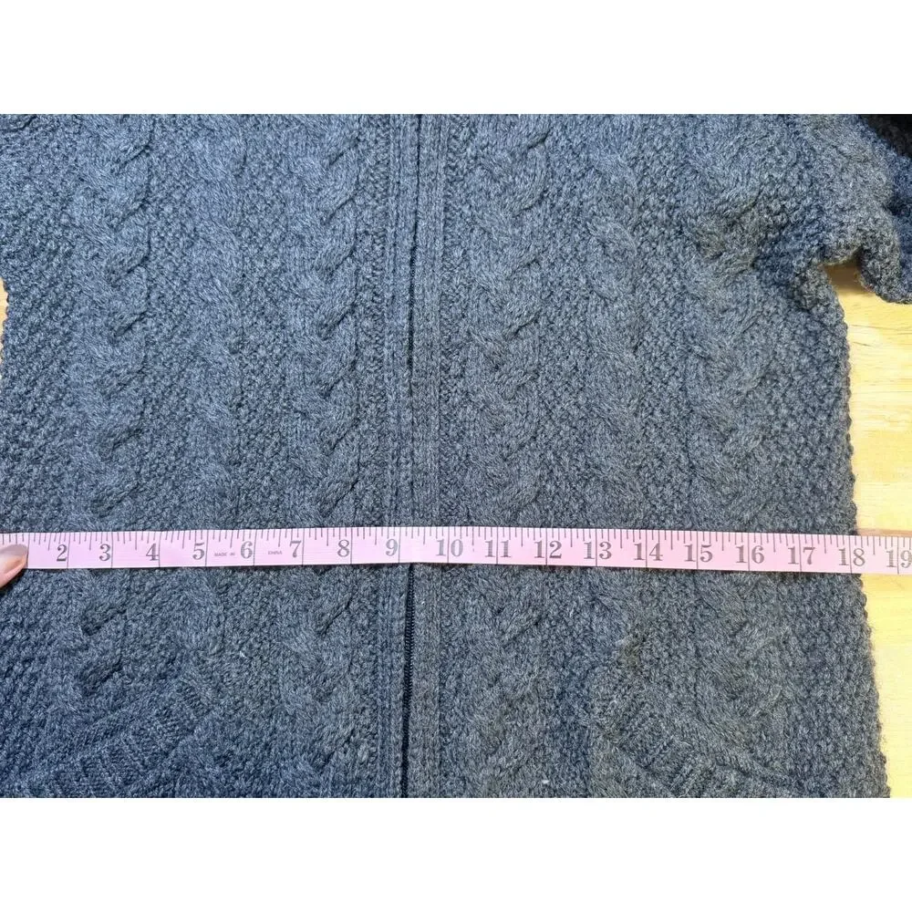 Inis Crafts Irish 100% Merino Wool Full Zip Cardigan Hood Size S Gray Cozy Gift